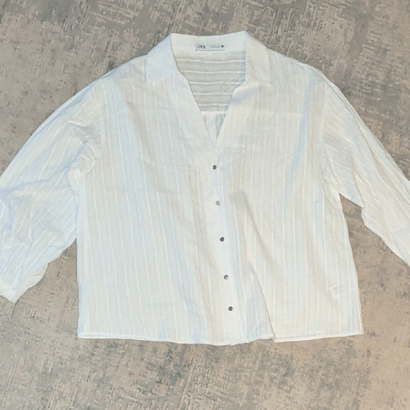 Zara Tops - Zara White Striped Casual Button Down Shirt